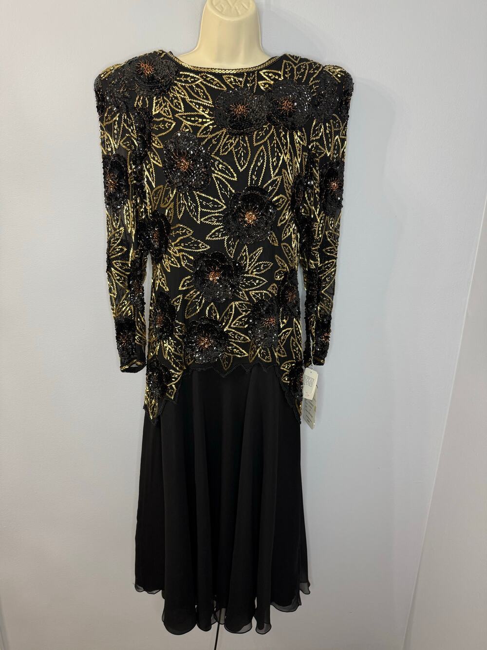 Vintage 1980s Morgan Taylor Evening Silk Black Gold Beaded Sequins Black Dress 8